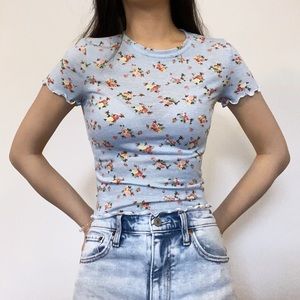 Baby blue floral lettuce trim t shirt
